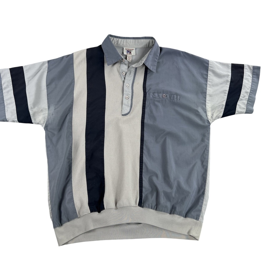 Vintage Salmon River Traders Colorblock Stripe Polo XL Gray Men 90s Banded Hem
